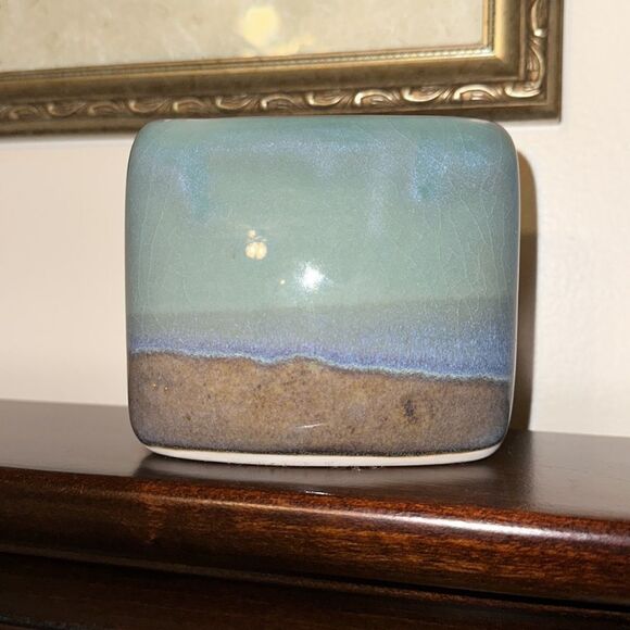 Vintage Artist Signed Decorative Rectangular Vase Teal Green Blue Tan - Picture 2 of 10